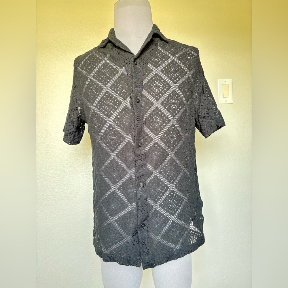 H&M Men's Short-Sleeve Crochet Button-Up Shirt - Black